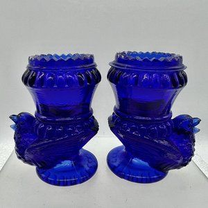 Cobalt Blue Bird Saw Tooth Toothpick Taper Salt Pepper Holder Figurine